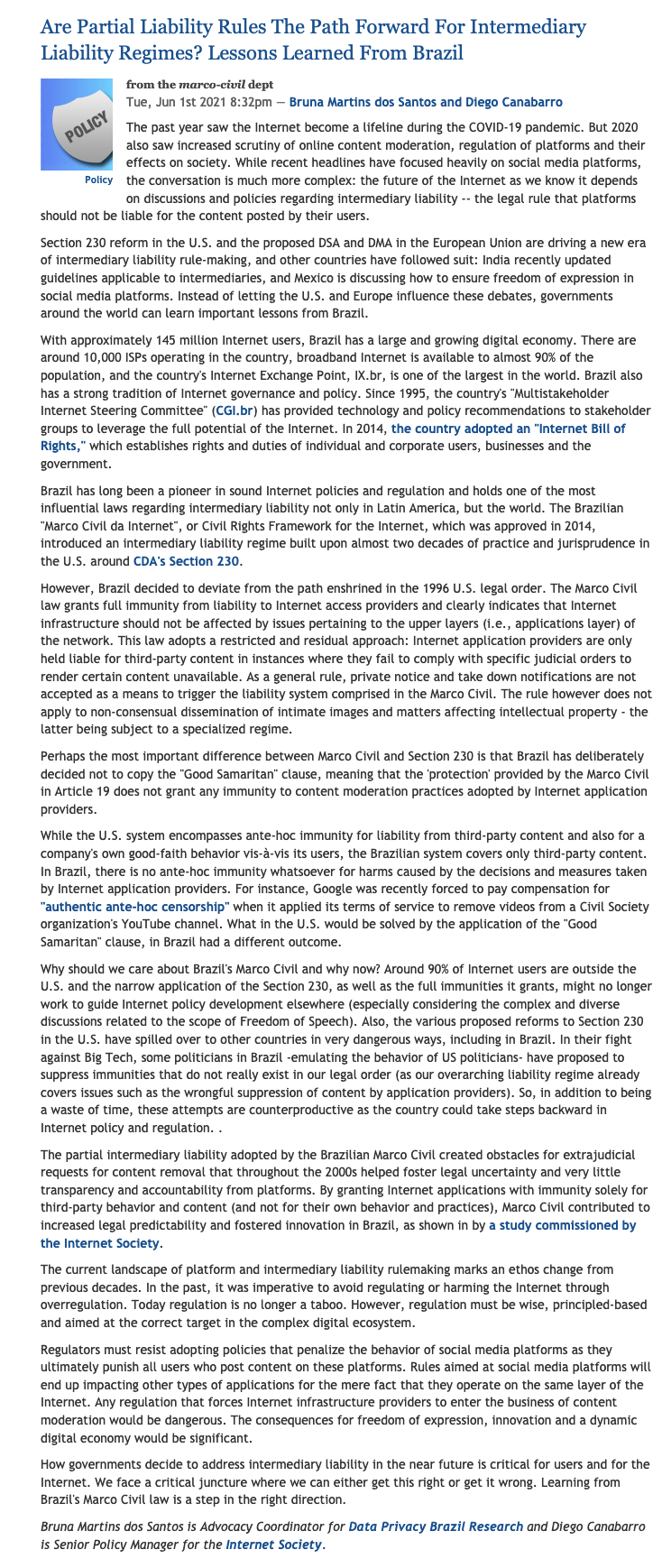 Are Partial Liability Rules The Path Forward For Intermediary Liability Regimes? Lessons Learned From Brazil